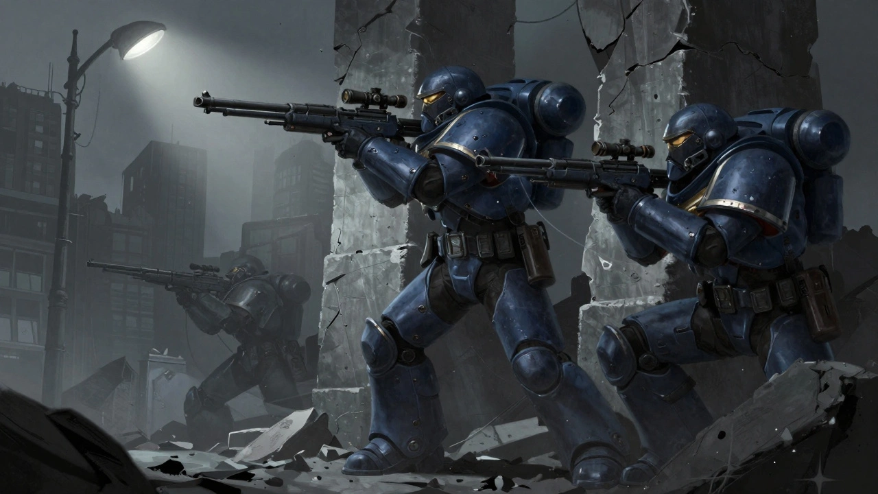 Элитные космодесантники в маскировке с длинноствольными болтерами, прижавшиеся к руинам города.