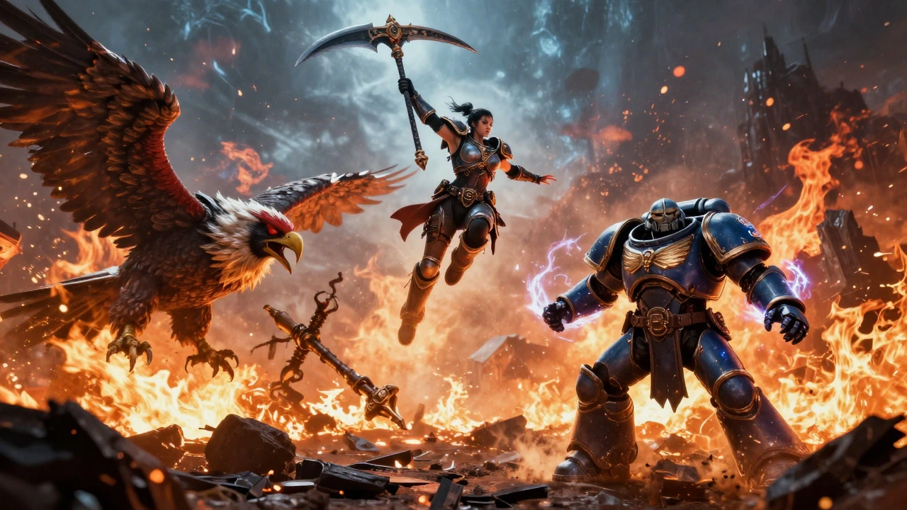 Финальная битва с Имурой и гигантской птицей на горящем поле боя.