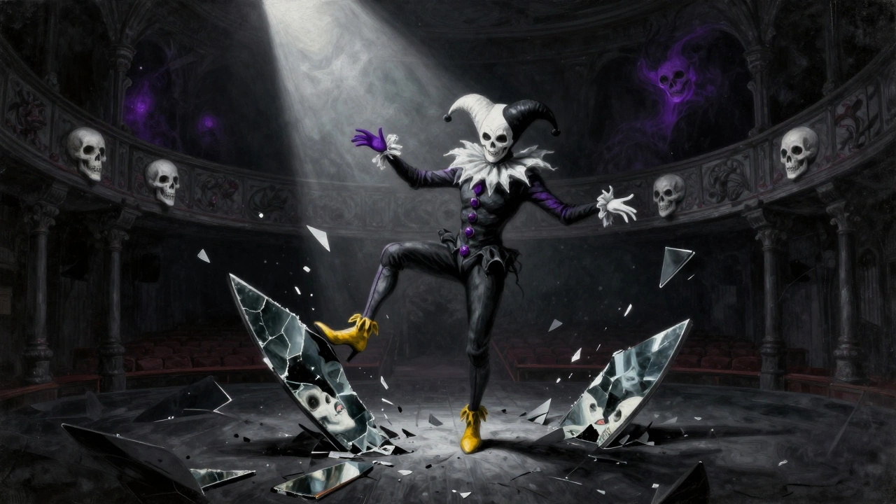 Гарлеквин в черно-белой палитре с фиолетовыми акцентами танцует в разрушенном театре под лучом света.