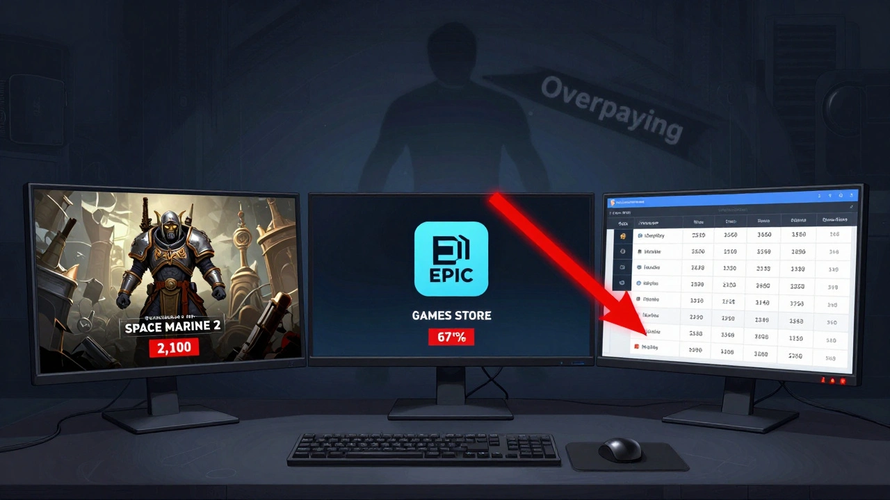 Геймер на компьютере смотрит на три экрана с ценами на Warhammer 40K: Space Marine 2, выбирая самый выгодный вариант на Steam и Epic Games Store.