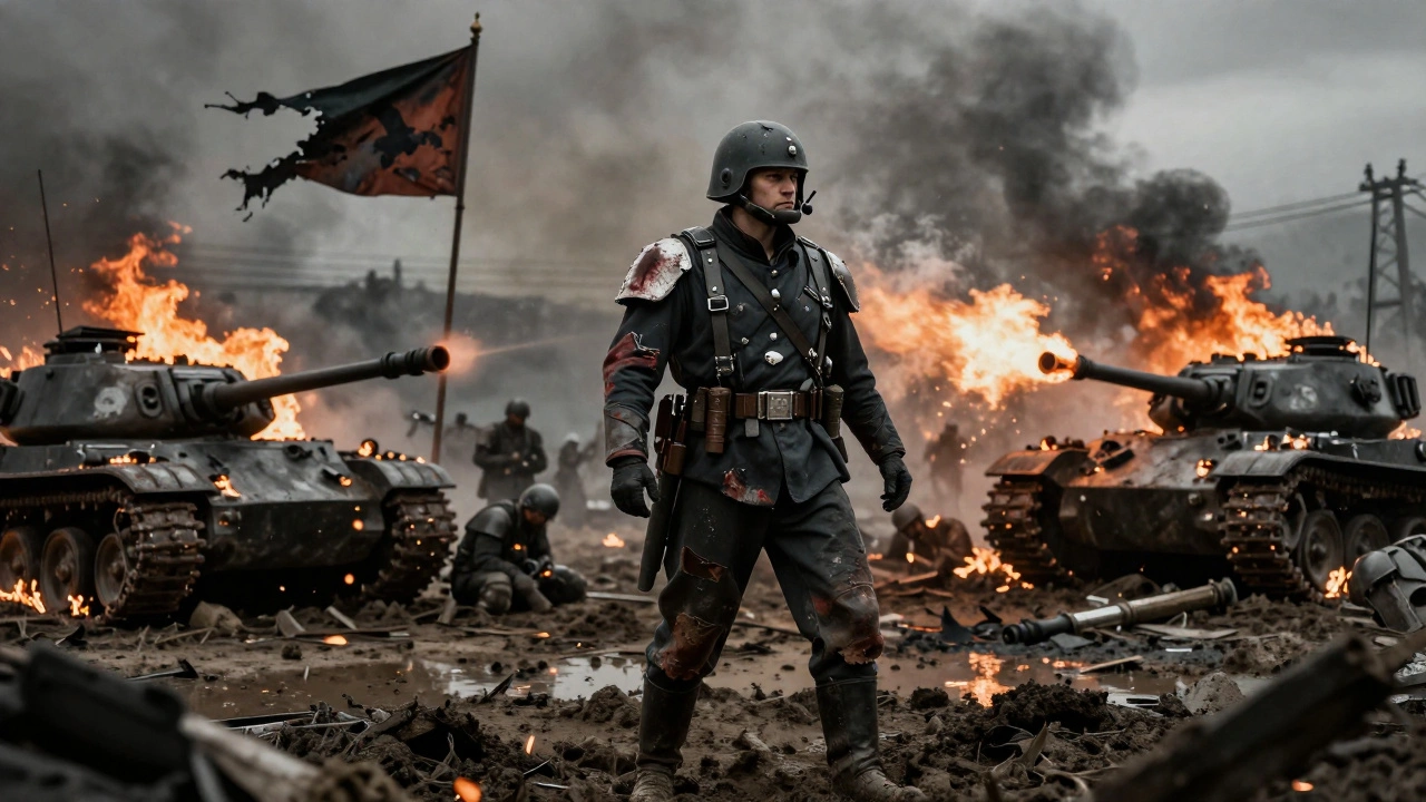 Генерал Имперской Гвардии指挥ит артиллерию на разрушенном поле боя, вокруг горят танки.