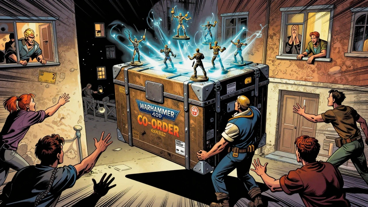 Героический курьер доставляет огромную коробку с миниатюрами Warhammer 40K для совместного заказа