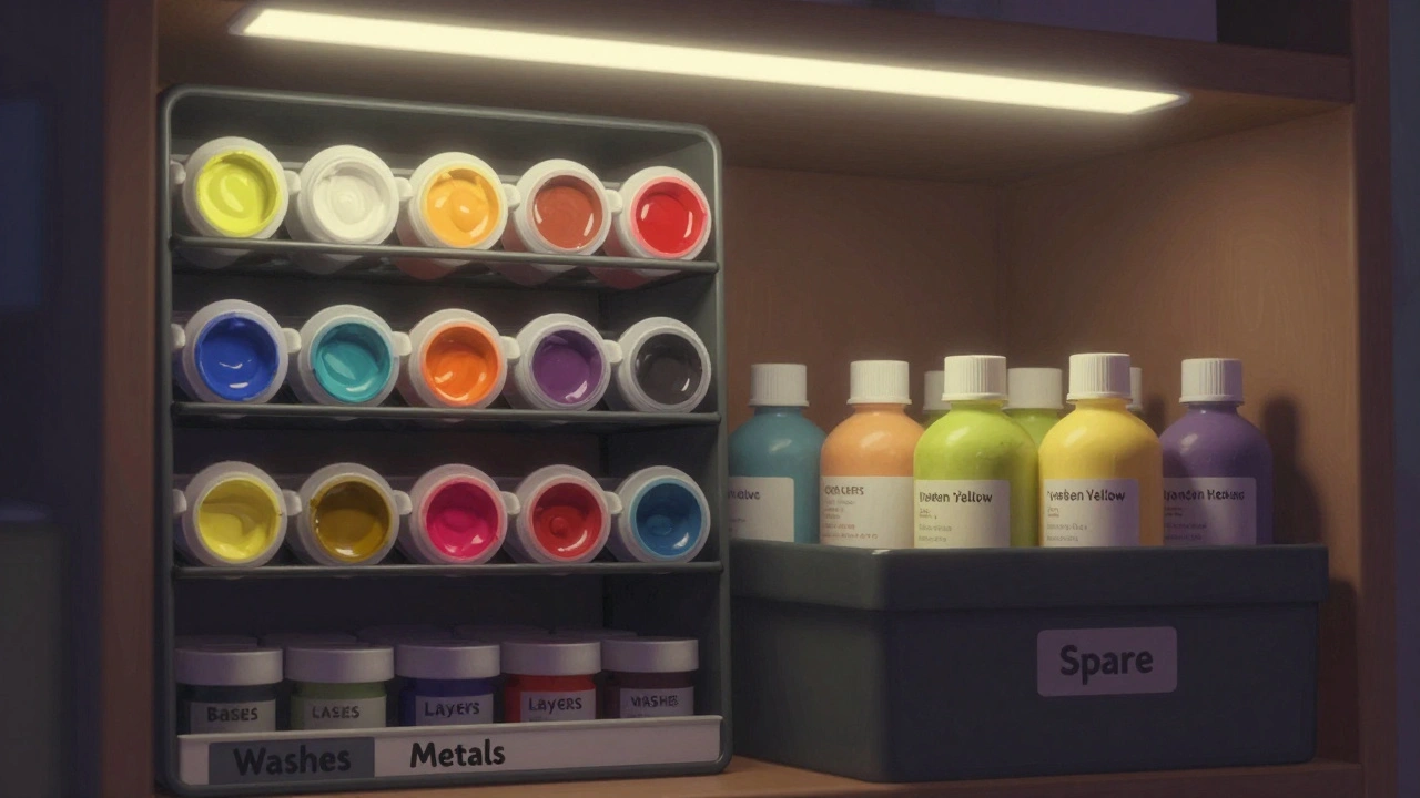 Гибридная система хранения: основные краски на стойке и редкие — в отдельной коробке для запасов.