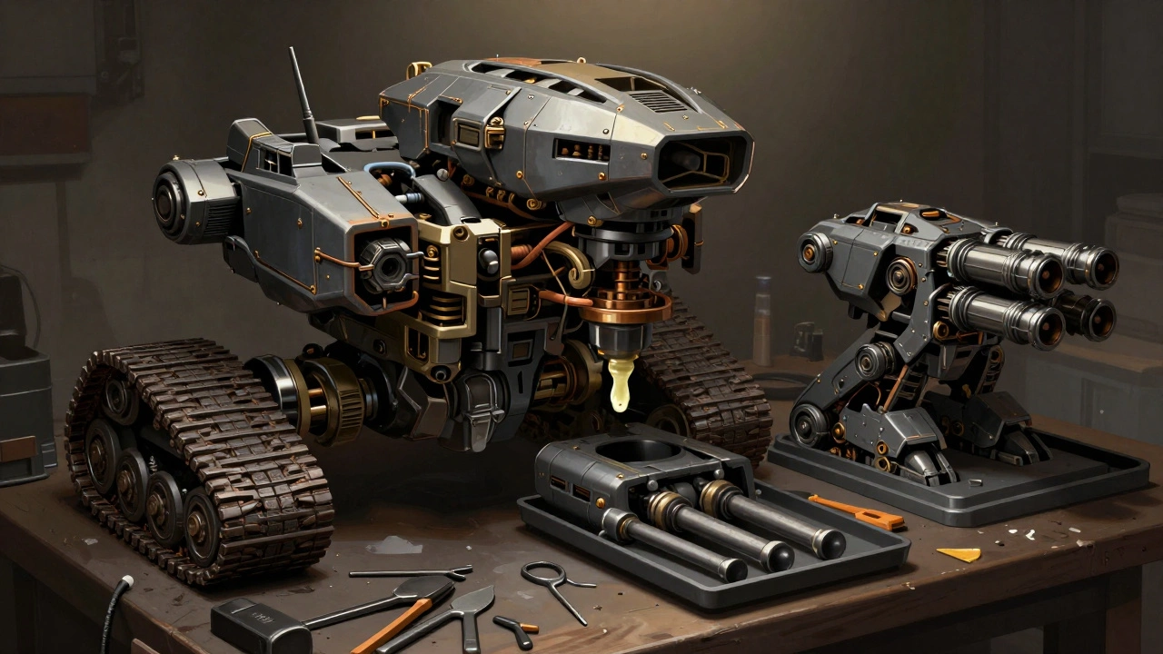 Гигантский Stormsurge в процессе сборки: шасси, башня и оружие на разных этапах.