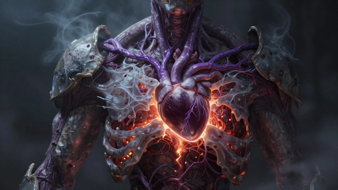 Грудь космодесантника Хаоса с пульсирующей фиолетовой веной и трещинами, сквозь которые видна внутренняя ткань.