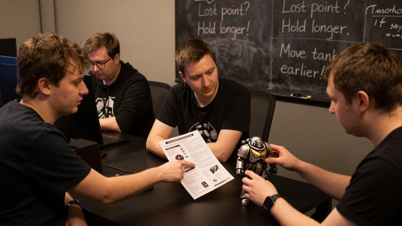 Группа игроков в Екатеринбурге анализируют игру, изучая миссию и заметки на доске.