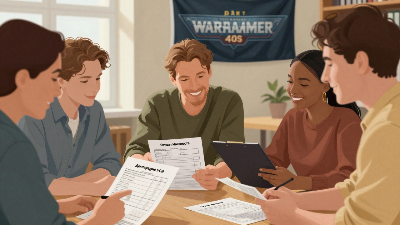 Группа людей обсуждает отчёты для НКО с документами и плакатом Warhammer 40K на фоне.