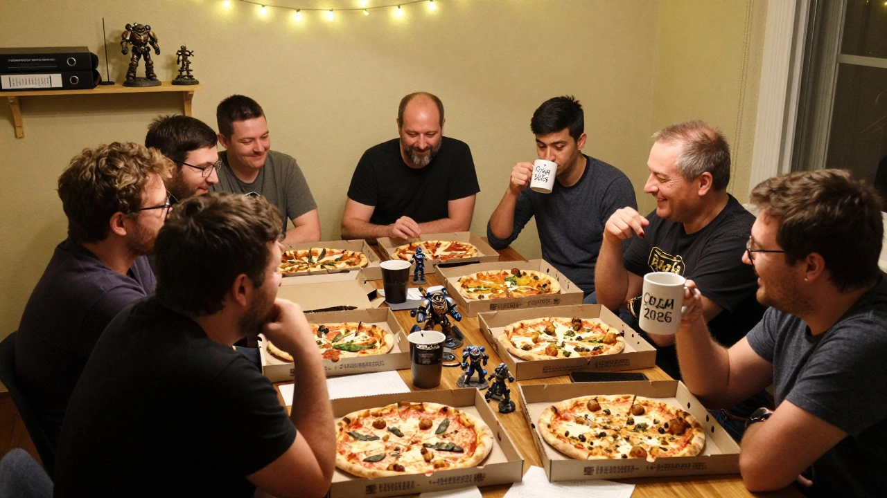 Группа волонтёров и судей отдыхает после турнира, едят пиццу и общаются в неформальной обстановке.