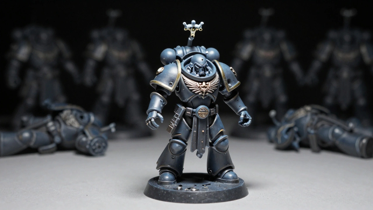 Идеально обработанная миниатюра Warhammer 40K стоит на фоне забытых, неочищенных деталей.