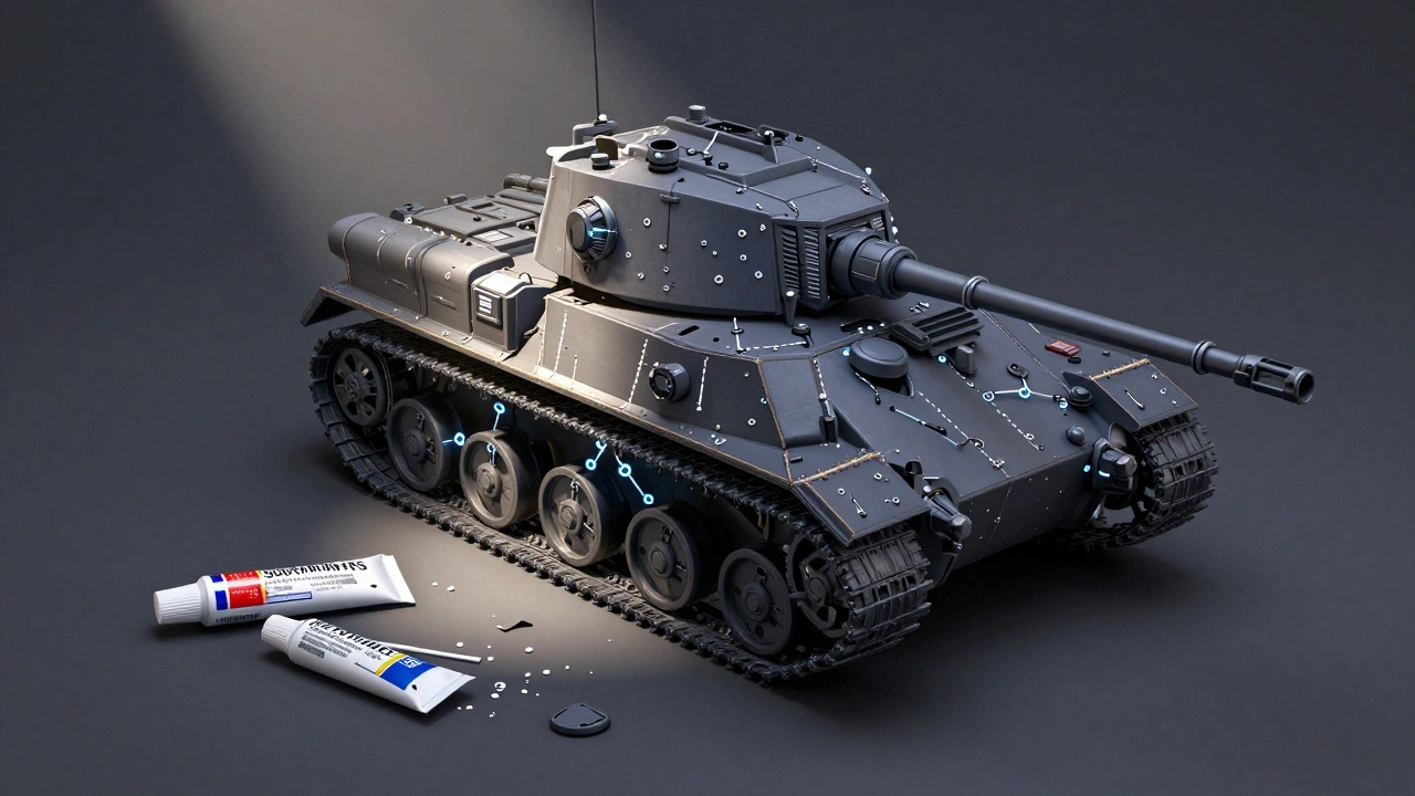 Идеально выровненный корпус танка Warhammer 40K с гладкими швами, символизирующий мастерство сборки без следов клея.