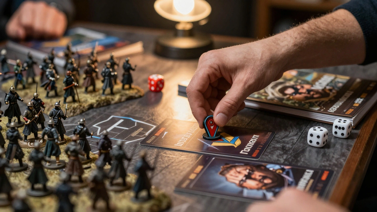 Игрок на турнире использует последнее командное очко для стратагемы 'Последний выстрел', вокруг — миниатюры и правила.