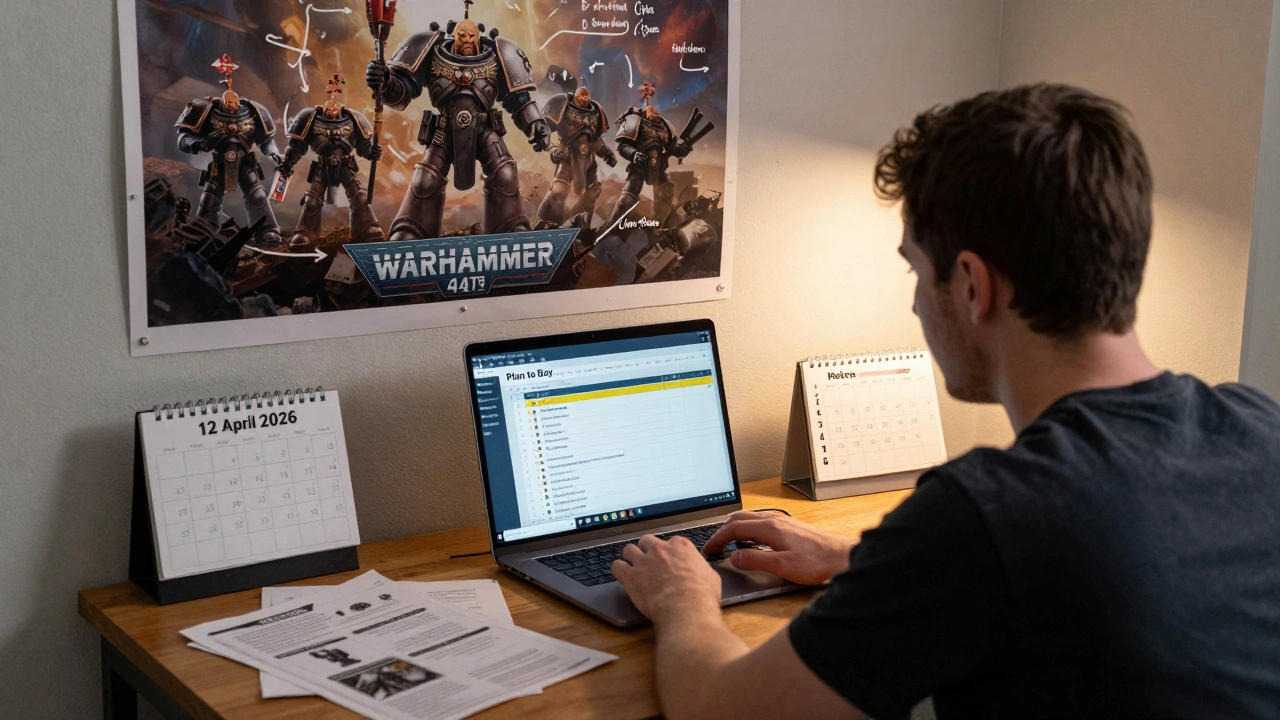 Игрок планирует покупки на WarCom, окружён распечатками, календарём и ноутбуком с отслеживанием новинок.
