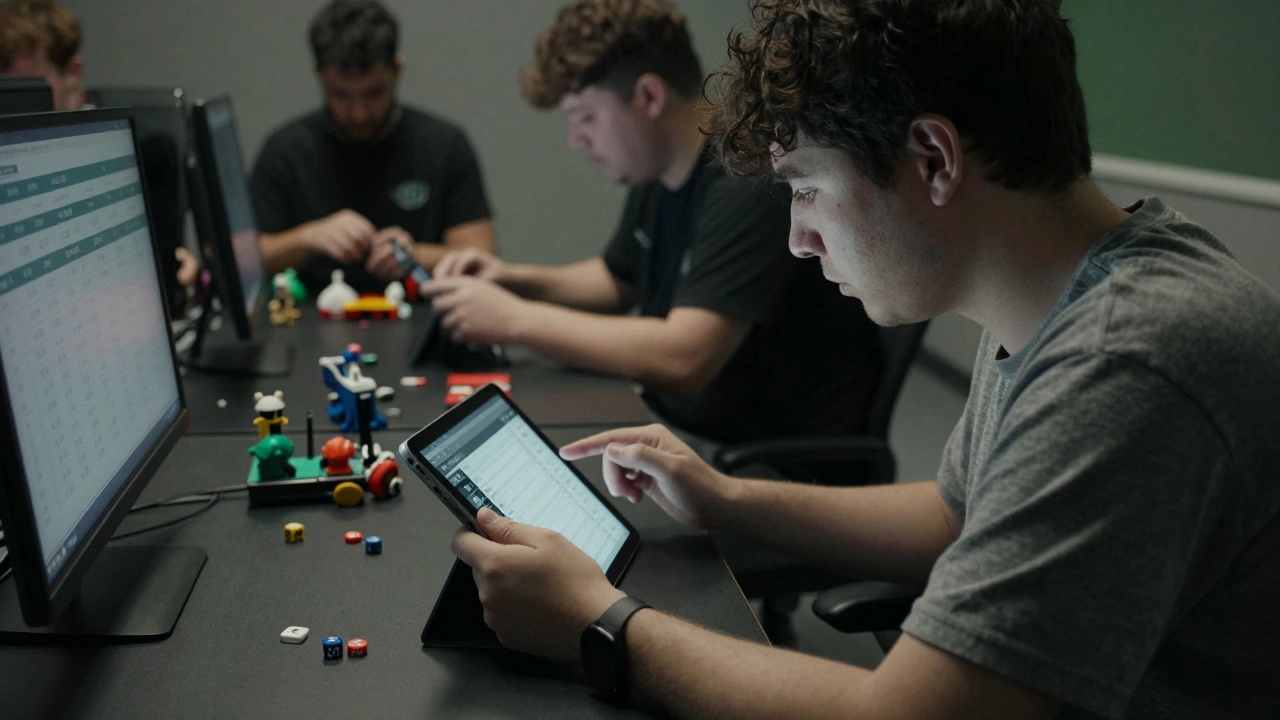 Игрок просматривает цифровой ростер во время перерыва между матчами на турнире Warhammer 40K.