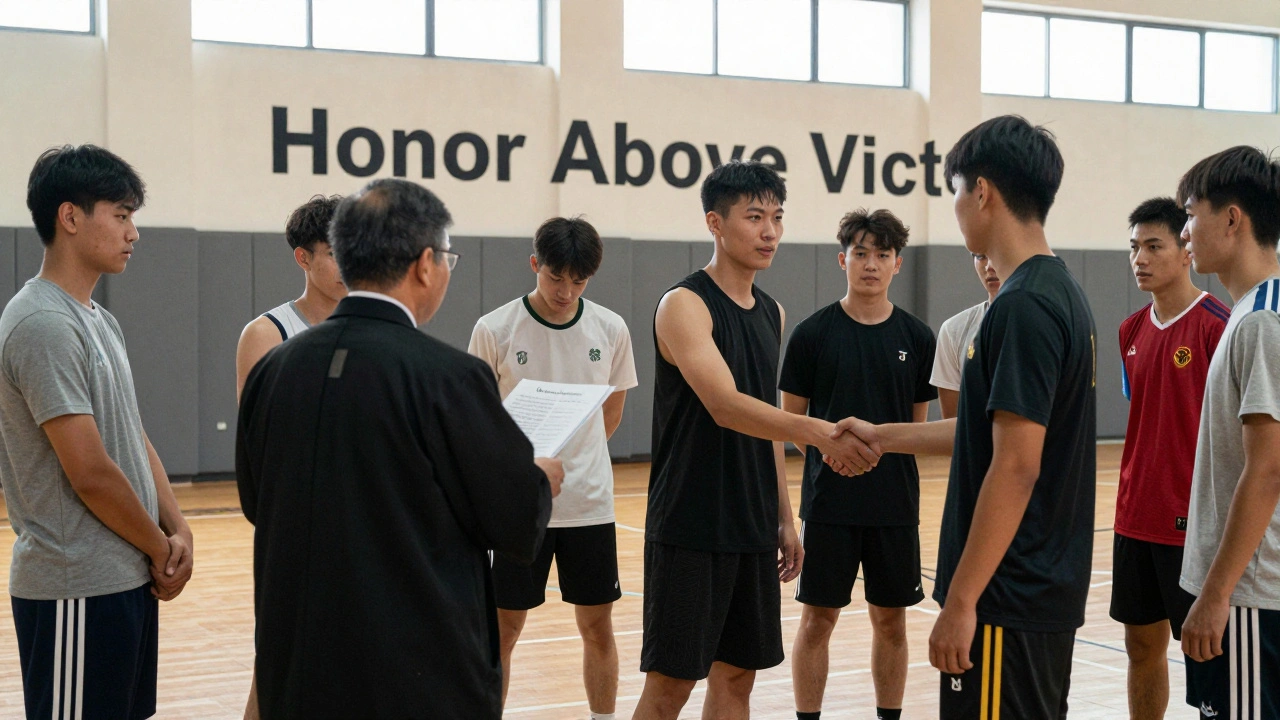 Игроки на турнире проявляют уважение: один сообщает судье о нарушении, другой пожимает руку после поражения.
