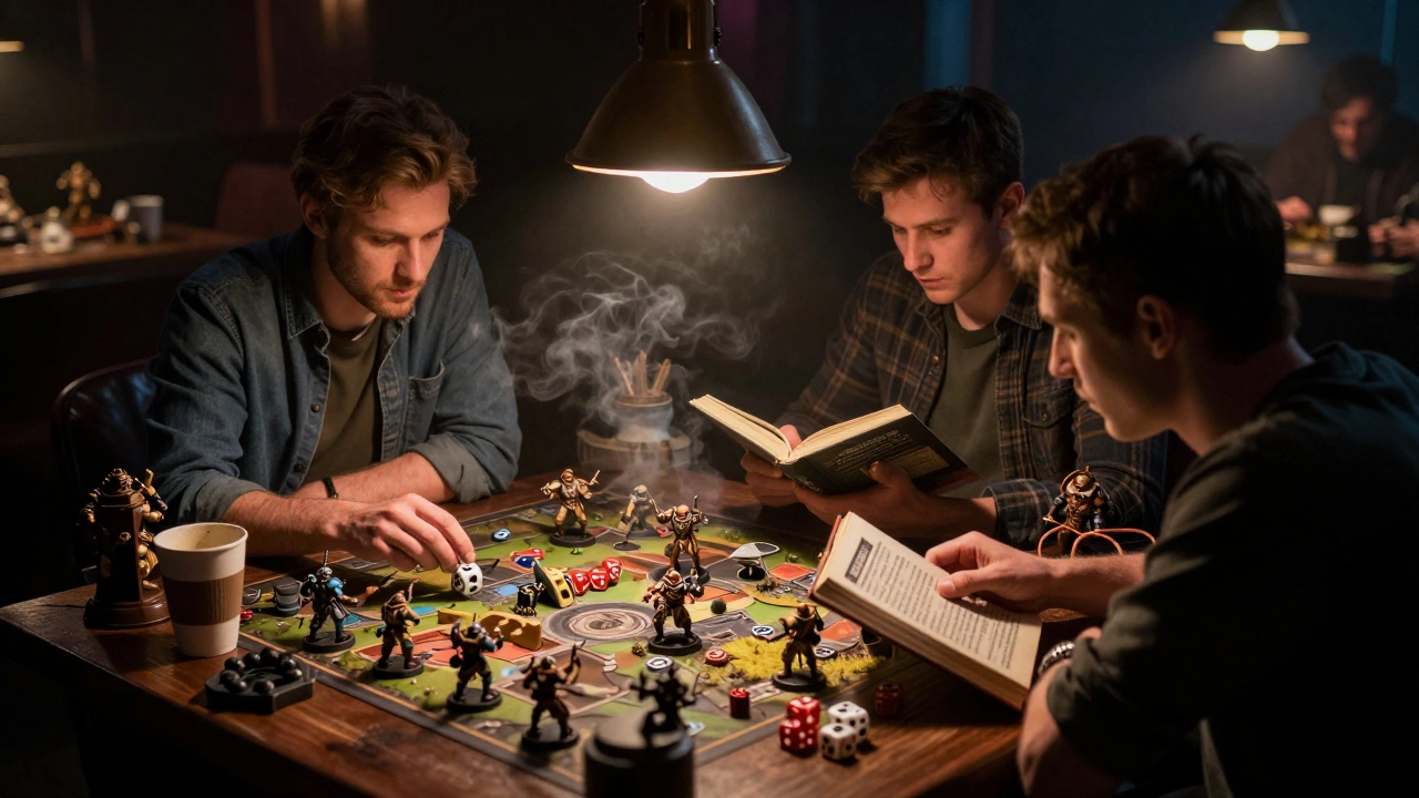 Игроки соревнуются в клубе, сверяясь с правилами и бросая кости на поле боя.