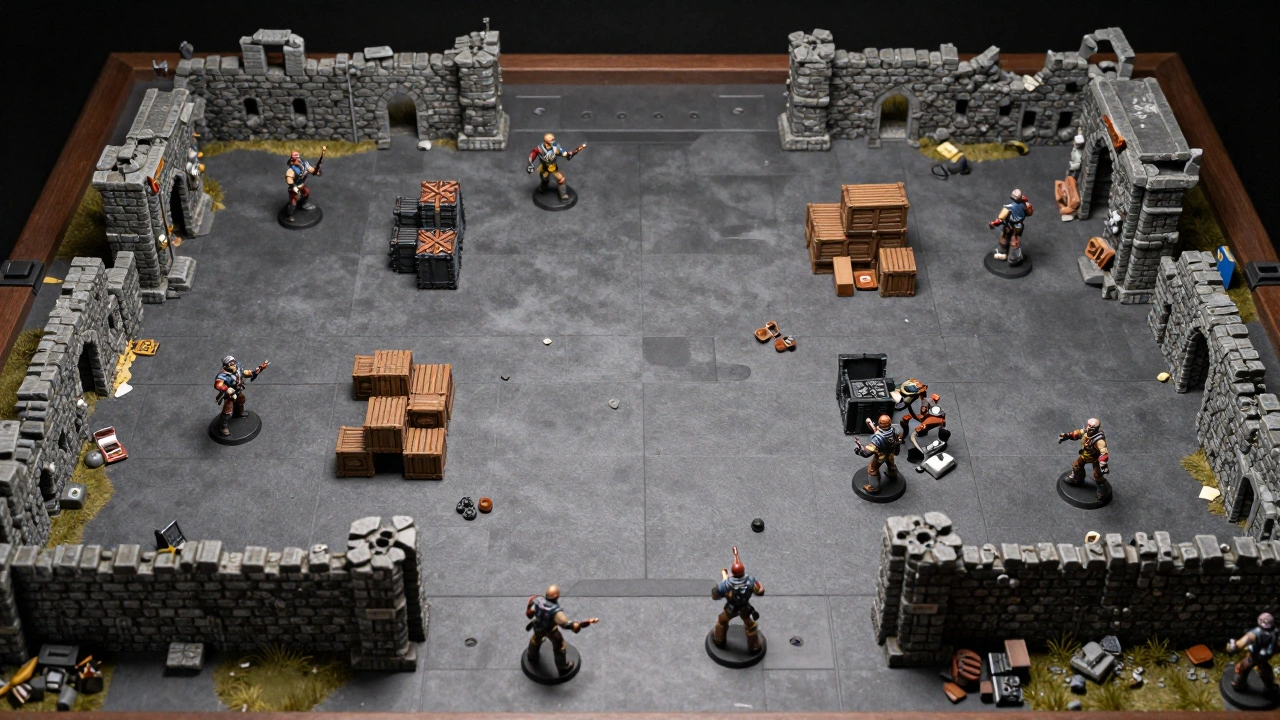 Игровой стол с террейном и миниатюрами для турнирной игры