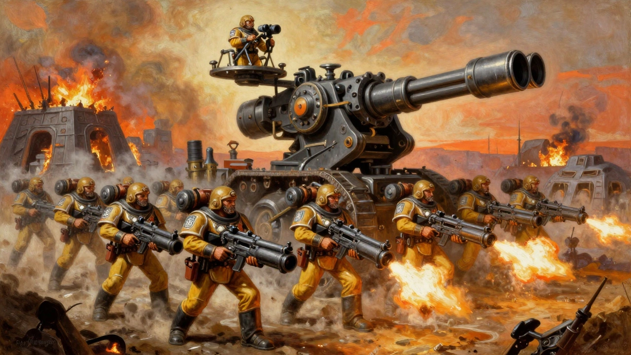 Имперские гвардейцы с тяжелыми пушками на транспорте, атакующие из-за дымящихся руин.