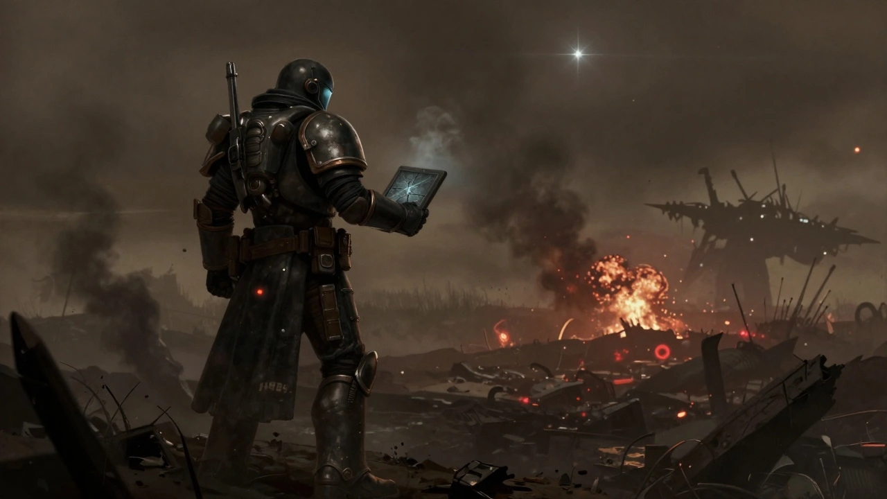 Имперский комиссар стоит на разрушенном поле боя, на фоне гибнущего мира и корабля Тау.