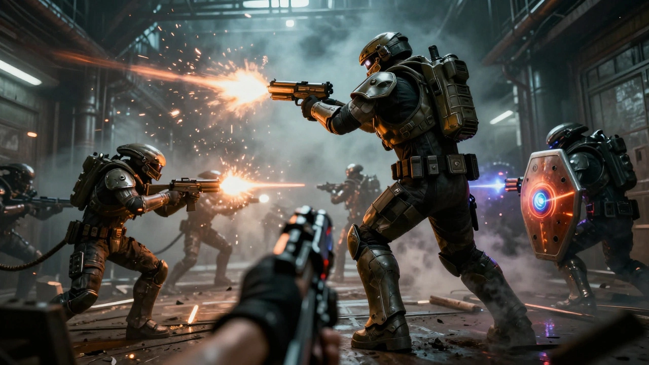 Интенсивный бой космодесантников против пришельцев в промышленном коридоре.