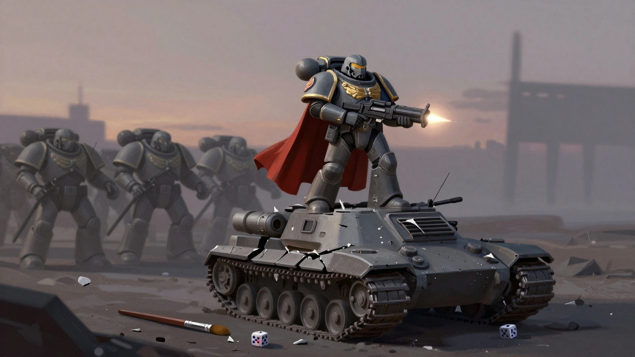 Капитан Космодесанта на разрушенном танке, миниатюры в базовой покраске, символизируя начало пути игрока.