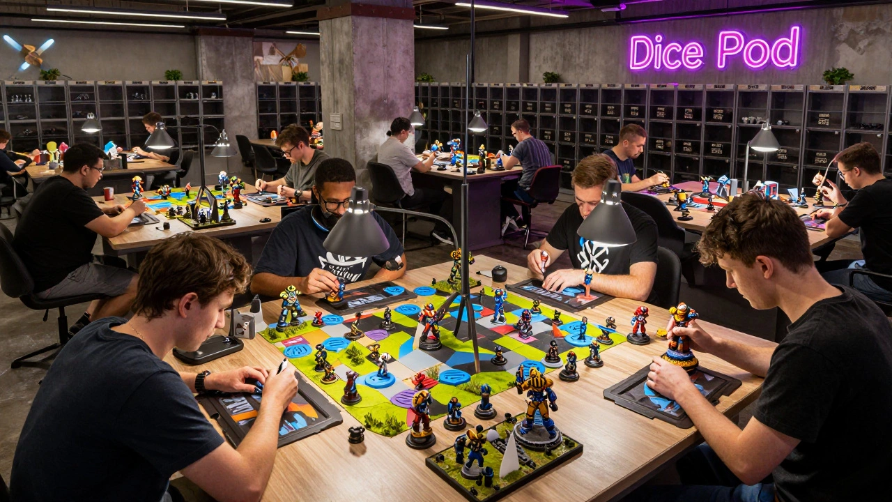 Клуб Dice Pod с зоной покраски, хранением армий и игроками, собирающими миниатюры под ярким светом.