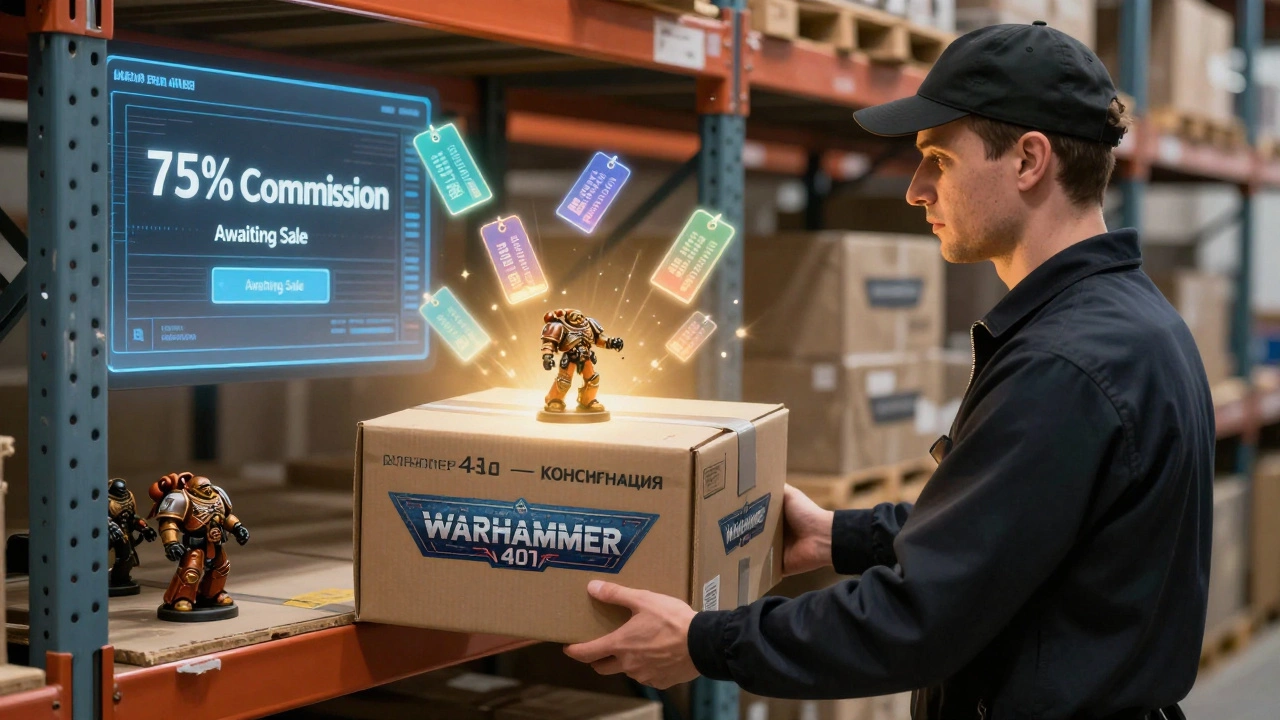 Коллекционер передаёт упакованную коробку с миниатюрами специалисту Alter's, с цифровым интерфейсом, показывающим 75% комиссии и статус 'Ожидание продажи'.