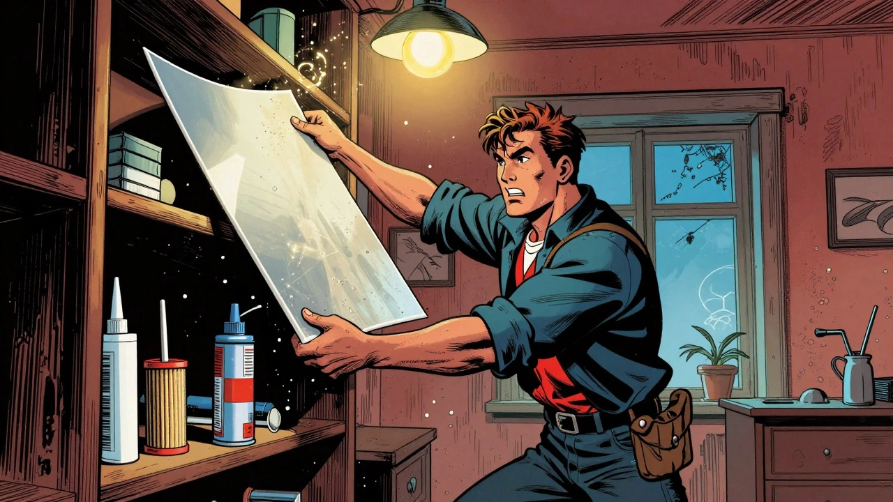 Коллекционер снимает акриловую крышку со стеллажа, пыль рассеивается в воздухе, рядом лежат инструменты для защиты миниатюр.