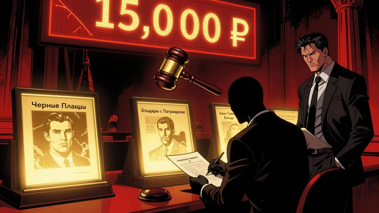 Комикс-стиль: аукционный зал в Москве, где падает молоток, а на экране растёт ставка до 15 000 ₽ за лот с миниатюрами.