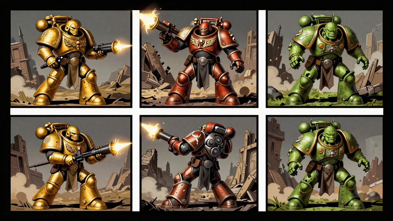 Комикс-стиль: шесть фаз хода в Warhammer 40K — приказ, движение, стрельба, атака, ближний бой и мораль.