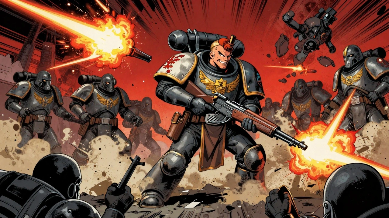 Комиссар Каин улыбается, уворачиваясь от огня в разрушенной битве среди мёртвых солдат.