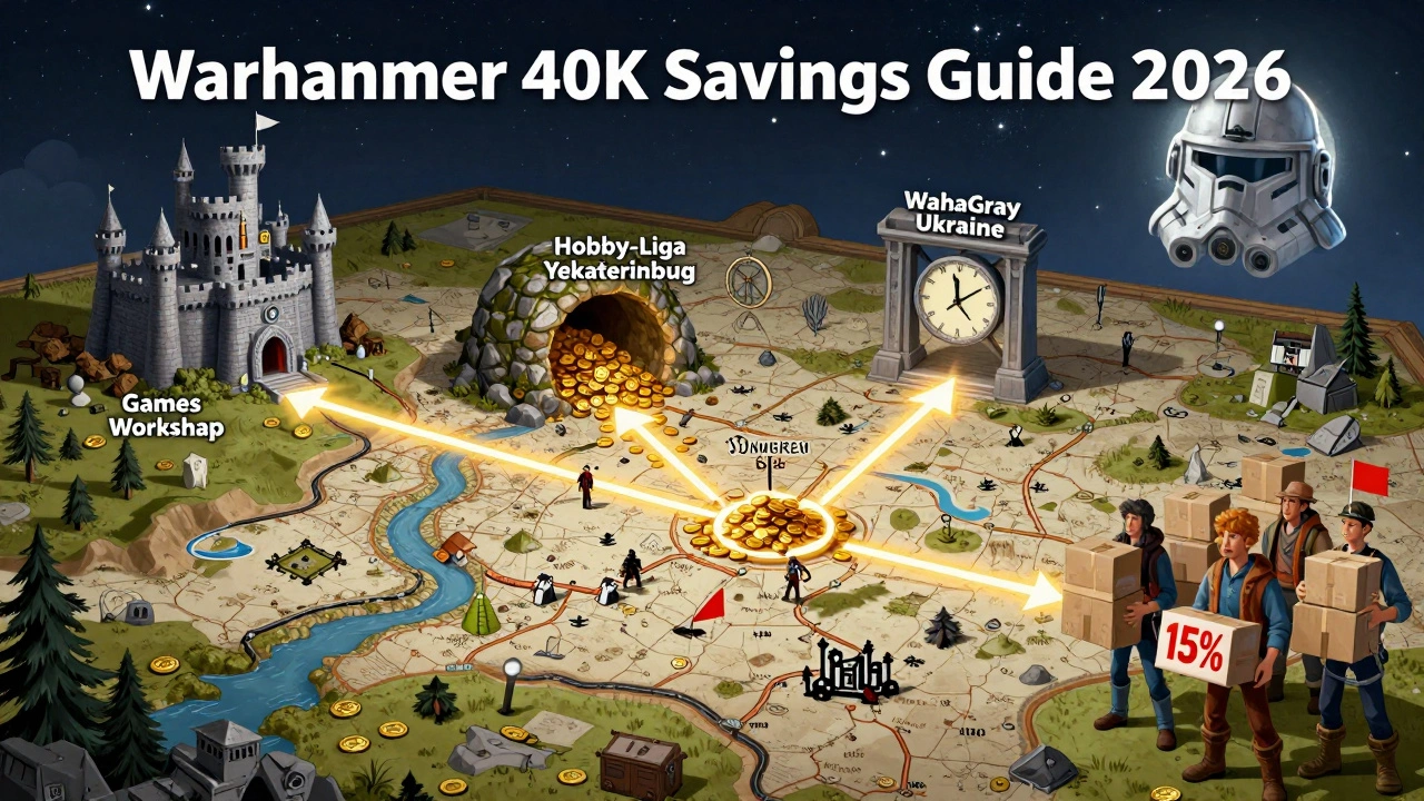 Концептуальная карта сокровищ, показывающая самые выгодные места для покупки Warhammer 40K в России в 2026 году, включая магазин в Екатеринбурге и украинский поставщик.