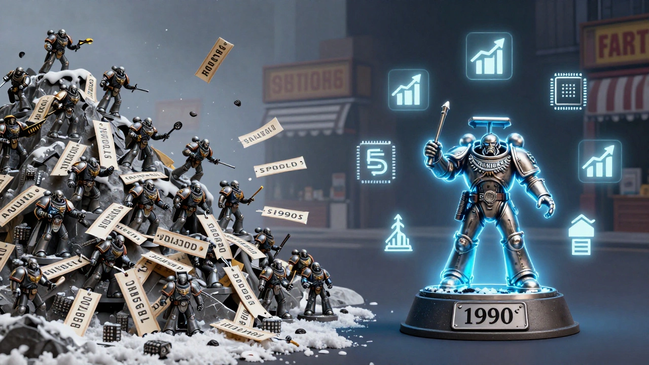 Концептуальная сцена: гора скидочных наборов Warhammer обрушивается, а редкая металлическая модель светится на фоне растущих цен на чипы и аксессуары.