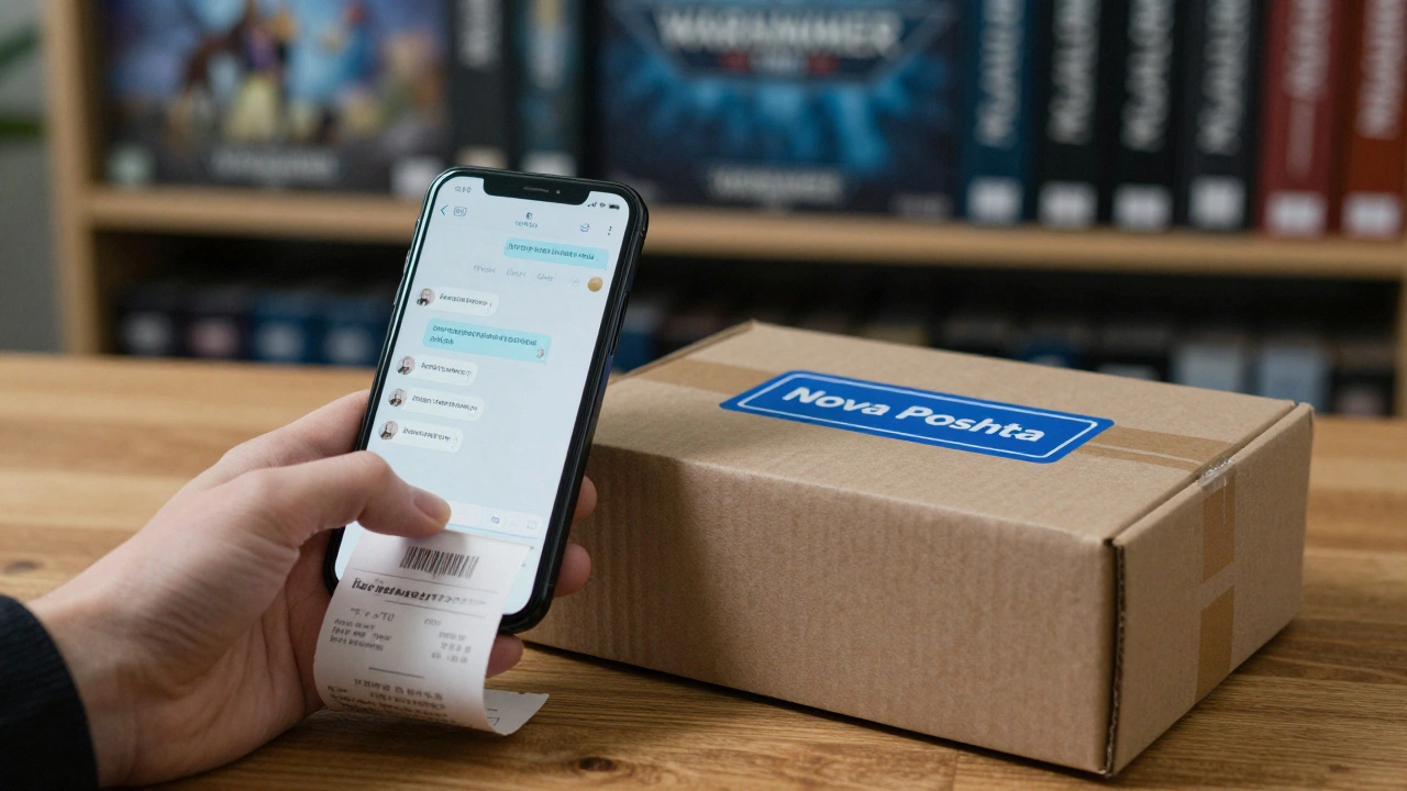 Коробка для возврата Warhammer 40K с квитанцией и смартфоном на фоне полок с игрушками.