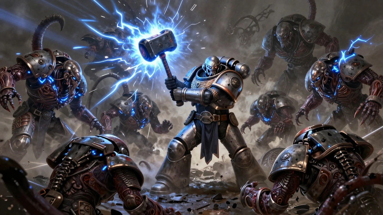 Космический десантник размахивает молотом грома, электрический взрыв уничтожает десятки врагов вокруг.