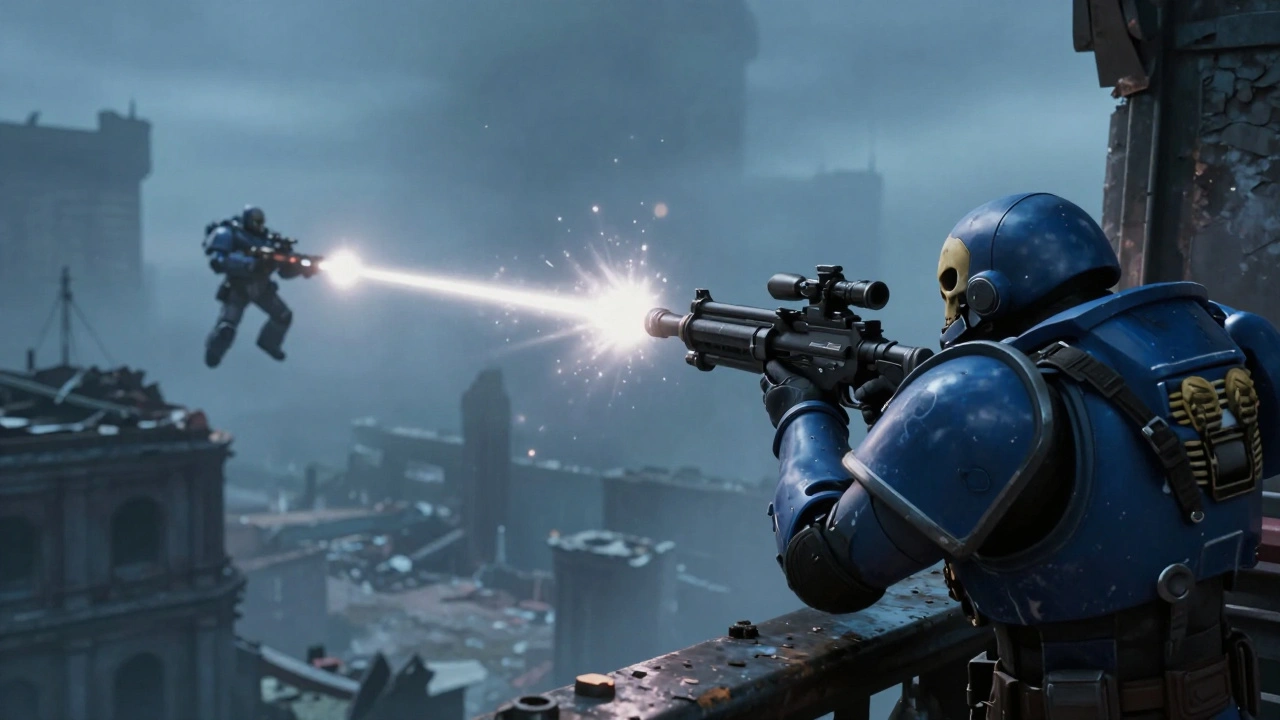 Космический десантник с лазерной винтовкой поражает хорва с дальней дистанции, луч пробивает броню.