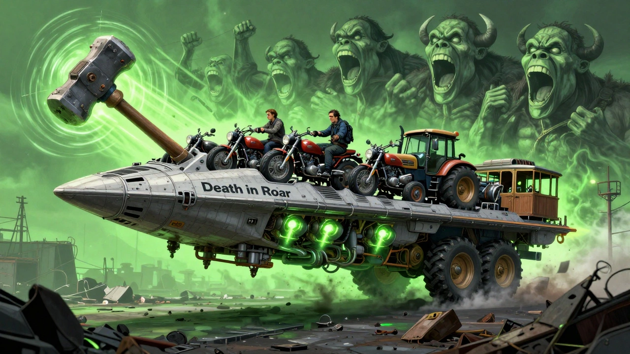 Космический корабль из мотоциклов и грузовиков, взлетающий под крики орков, с молотом-громом на носу.