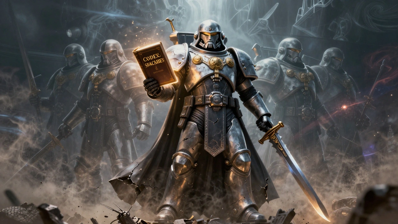 Космодесант стоит перед статуей Императора, в руках у него книга правил и меч, вокруг — призрачные образы из романов.