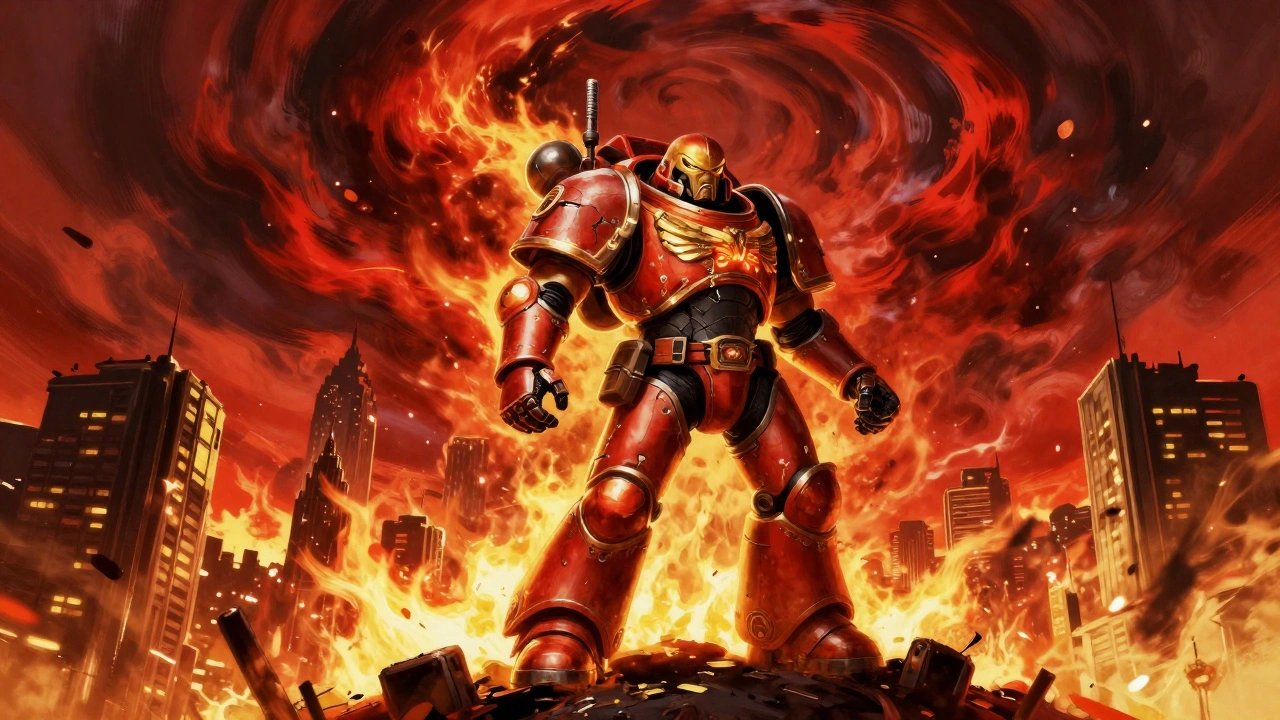 Космодесантник стоит на вершине горящего города, за ним — бурлящая варп-буря и огонь, поглощающий планету.