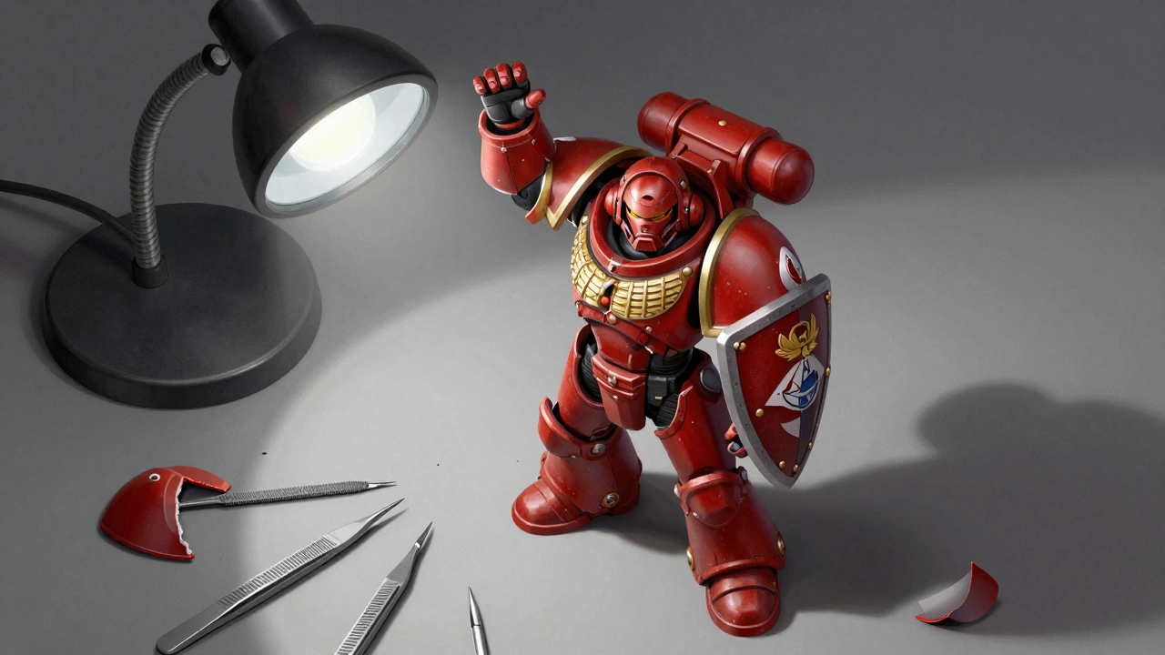 Космодесантник тестирует подвижность руки и щита, рядом лежат надфиль и пинцет, мягкий свет подчёркивает детали.