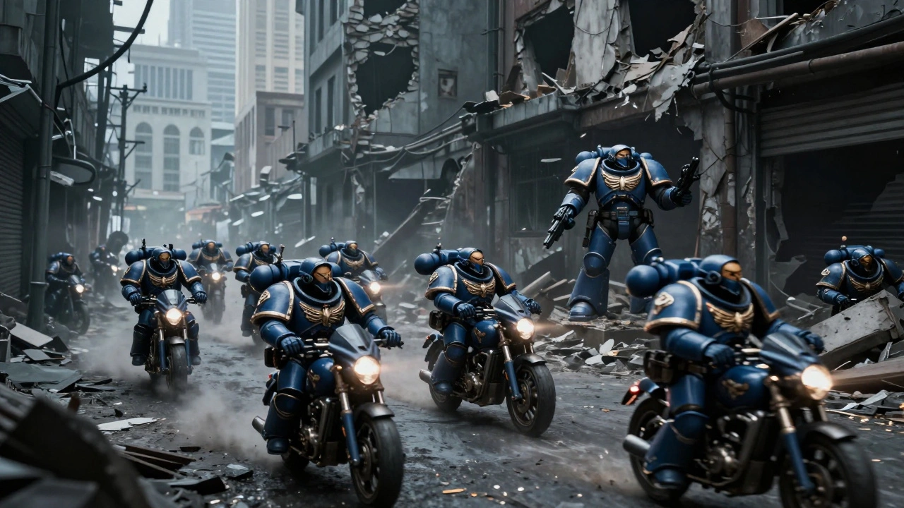 Космодесантники в городских руинах: одни маневрируют на байках, другие застряли в узкой улице под обстрелом.