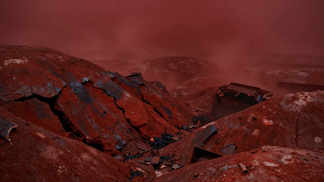 Красная пустошь с бороздами, ржавыми обломками и пылевой дымкой, как после ожога.