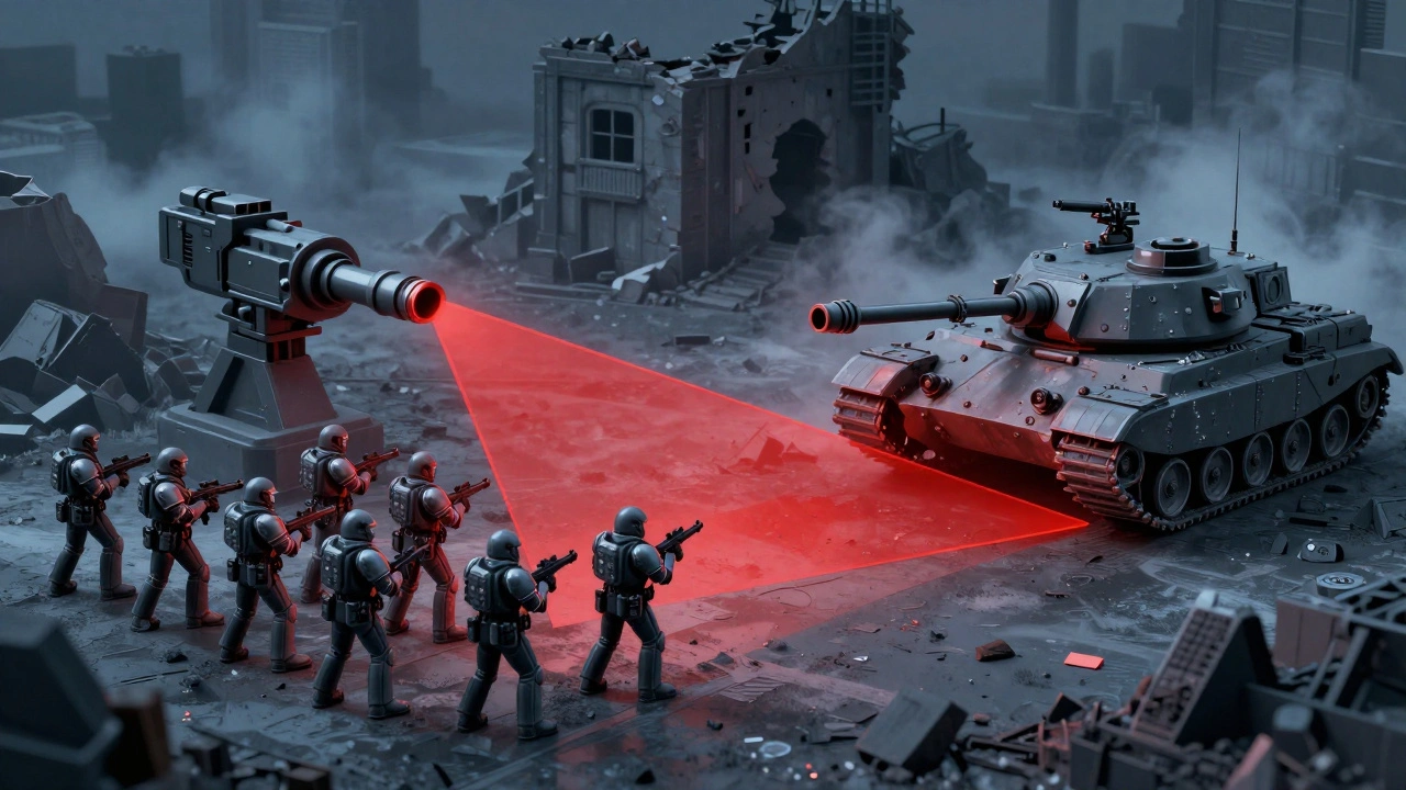 Красная зона поражения пересекает дружественную пехоту, блокируя выстрел по вражескому танку.