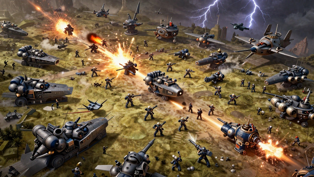 Крупномасштабное сражение Strike Force с десятками моделей и артиллерией.