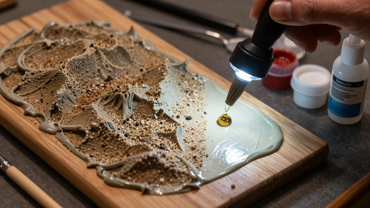 Крупный план основания миниатюры: песок, текстурная паста и сухая кисть, рядом — УФ-лампа и ёмкости с красками.