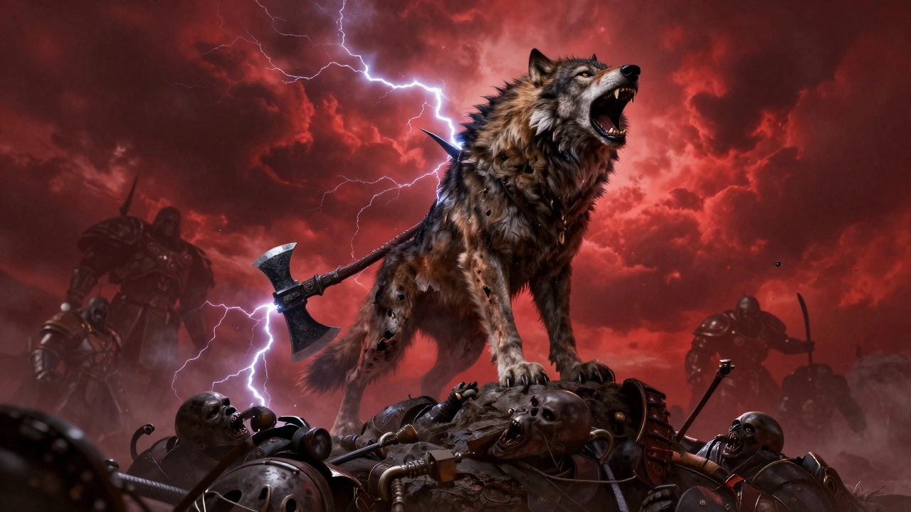 Леман Русс рычит на вершине горы трупов, его силуэт окутан грозовым небом и молниями.