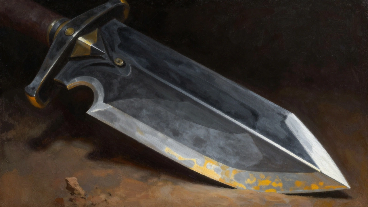 Лезвие Некронов, выполненное в технике NMM, с чёрными тенями, серыми переходами и белым бликом, едва заметный коричневый отражённый цвет у основания.