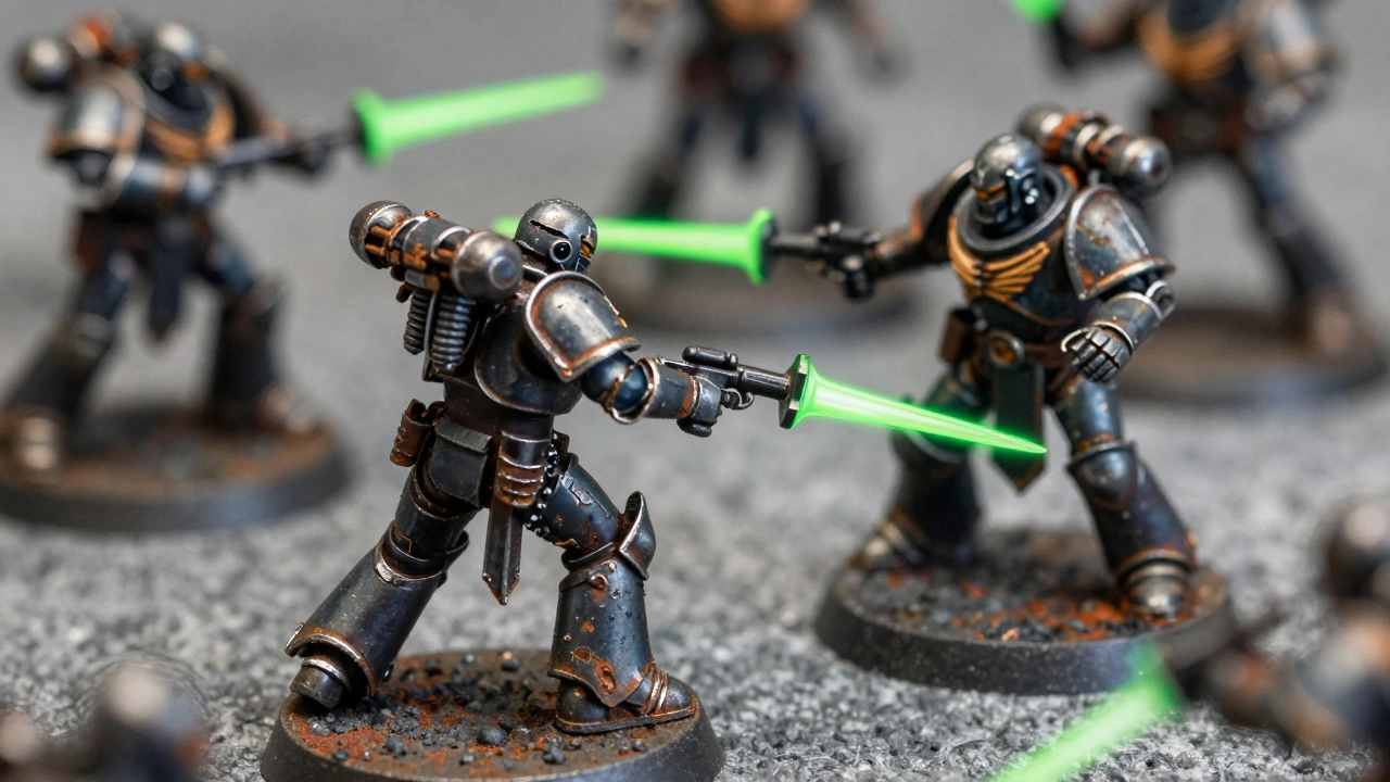 Макро-фото боя миниатюр с детальной покраской на столе.