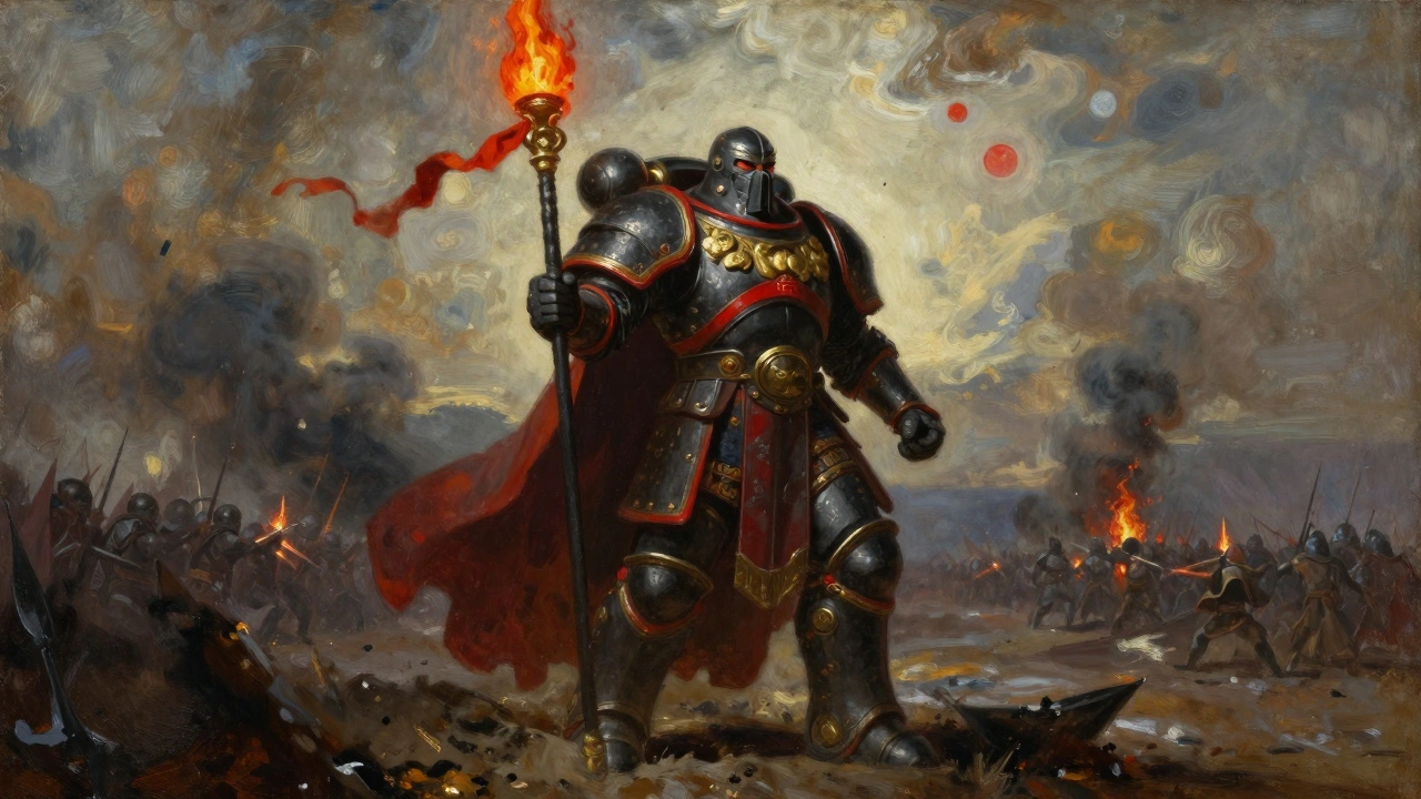 Массивный воин в броне стоит на поле битвы