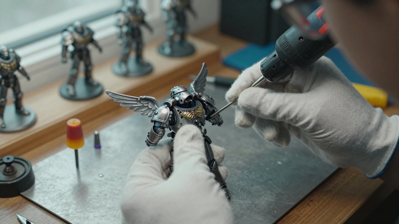 Мастер вставляет металлический штифт в крыло миниатюры Warhammer 40K для усиления соединения.