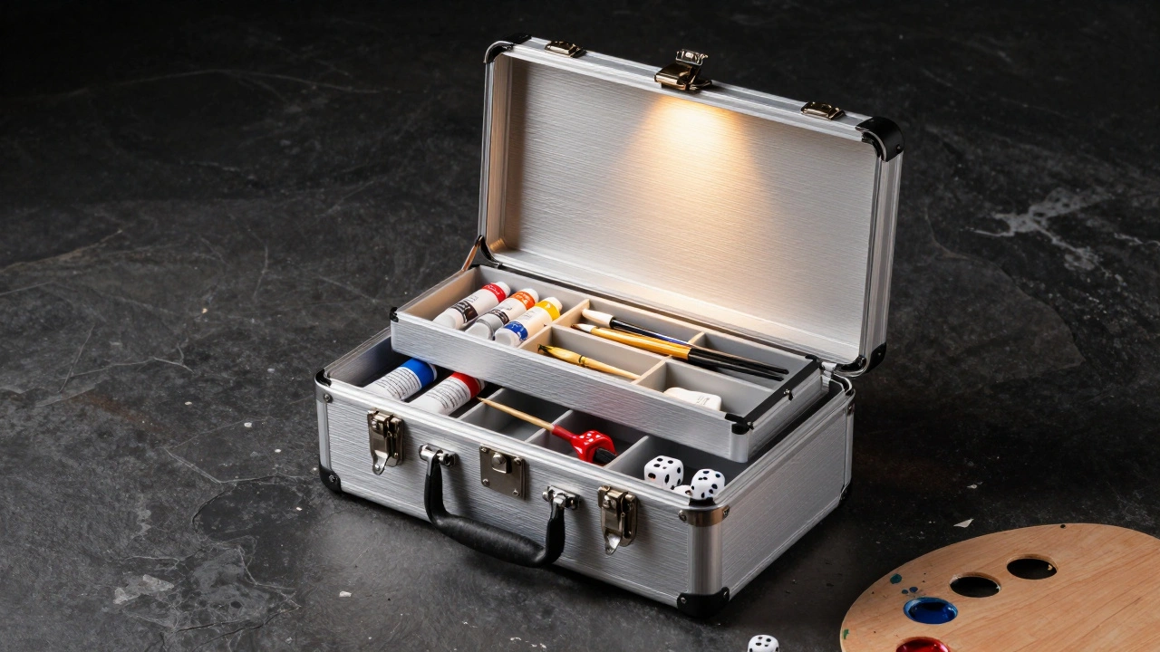 Металлическая коробка с миниатюрами, красками и кистями, подсвеченная одним светом, с резиновыми уплотнителями и замком.